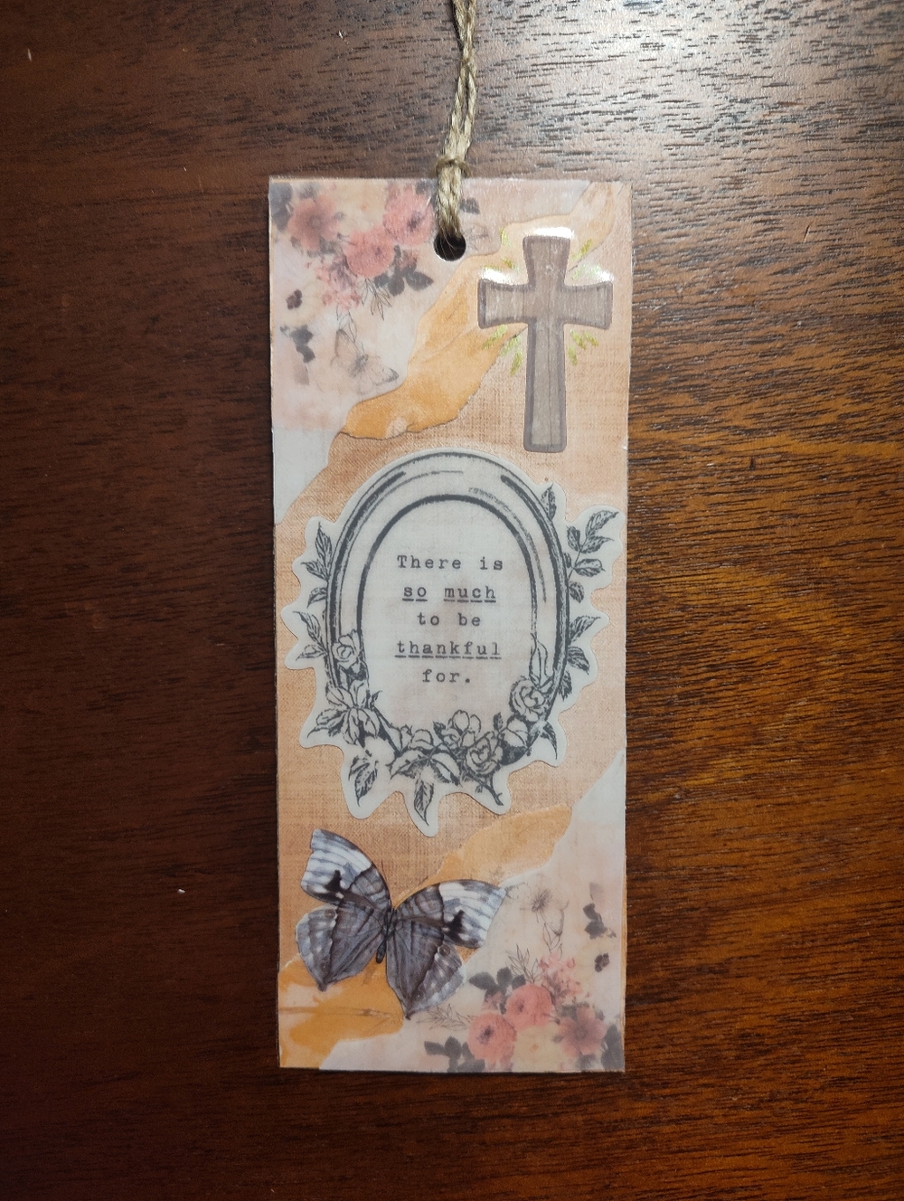 Thankful Floral Cross Butterfly Hanging Tag - Peach, Cream, Gray